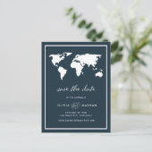 Dark Blue World Map | Elegante Reise Save the Date Ankündigungspostkarte (Stehend Vorderseite)