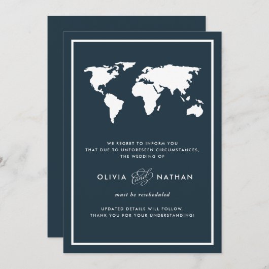 Dark Blue World Map | Stornierung einer Hochzeit Einladung (Vorne/Hinten)