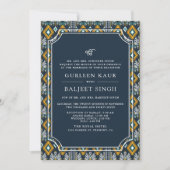 Dark Blue Yellow Ikat Anand Karaj Sikh Wedding Einladung (Vorderseite)
