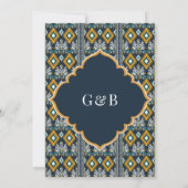 Dark Blue Yellow Ikat Anand Karaj Sikh Wedding Einladung (Rückseite)