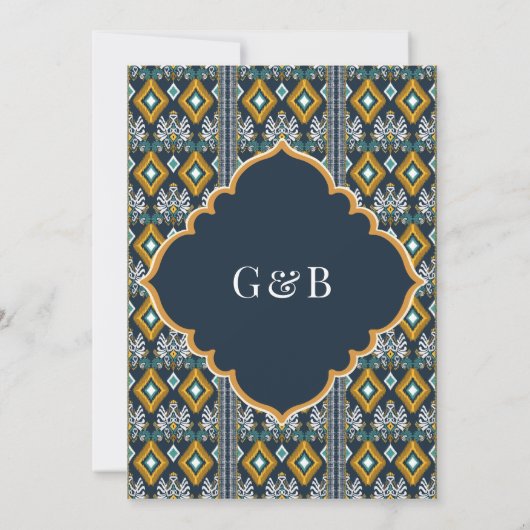 Dark Blue Yellow Ikat Anand Karaj Sikh Wedding Einladung (Rückseite)