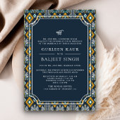 Dark Blue Yellow Ikat Anand Karaj Sikh Wedding Einladung