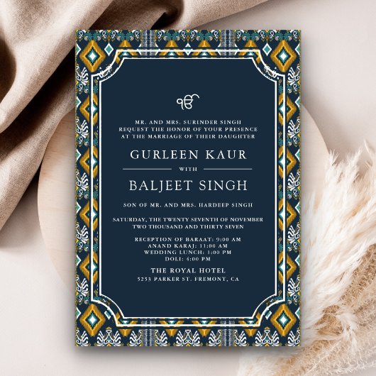 Dark Blue Yellow Ikat Anand Karaj Sikh Wedding Einladung