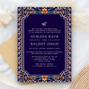 Dark Blue Yellow Ikat Anand Karaj Sikh Wedding Einladung