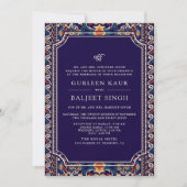 Dark Blue Yellow Ikat Anand Karaj Sikh Wedding Einladung (Vorderseite)