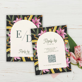 Dark Blush Pink Lily Arched RSVP Card with QR Code Karte