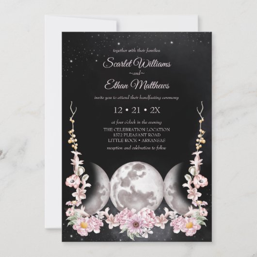Dark Boho Floral Triple Moon Phase Handfasts Einladung (Vorderseite)
