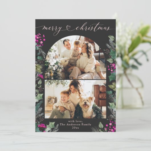 Dark Boho Fuchsia Botanicals 2 Foto Weihnachten (Stehend Vorderseite)