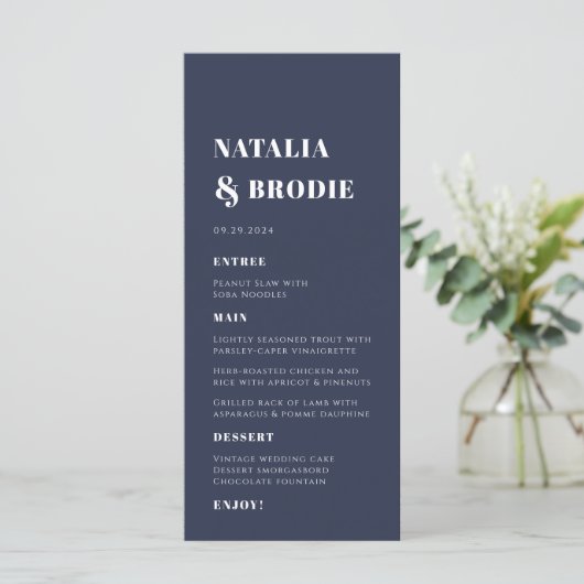 Dark Boho Navy Terracotta Wedding Menu Menükarte (Stehend Vorderseite)