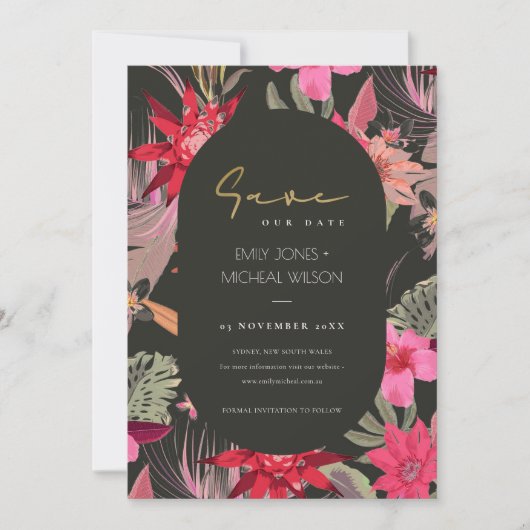 Dark Boho Red Blush Floral Save the Date einladen Dankeskarte (Vorderseite)