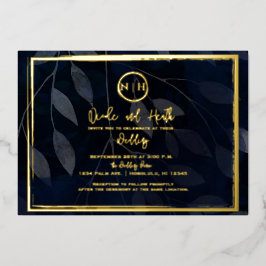 Dark Botanical Elegant Navy Blue & Gold Wedding Folieneinladung