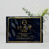 Dark Botanical Elegant Navy Blue & Gold Wedding Folieneinladung (Stehend vorne)