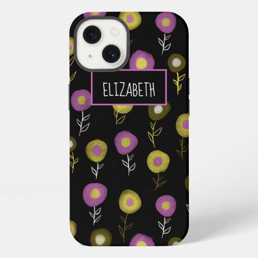 Dark Botanical Lila Green Black Pattern Name iPhone Hülle (Rückseite)