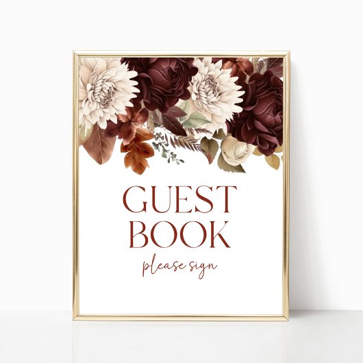 Dark Brown Burgundy Floral Guest Book Party Sign Poster