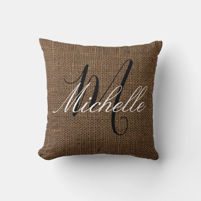 Dark Brown Burlap look Monogram Personalisiert Nam Kissen (Vorderseite)