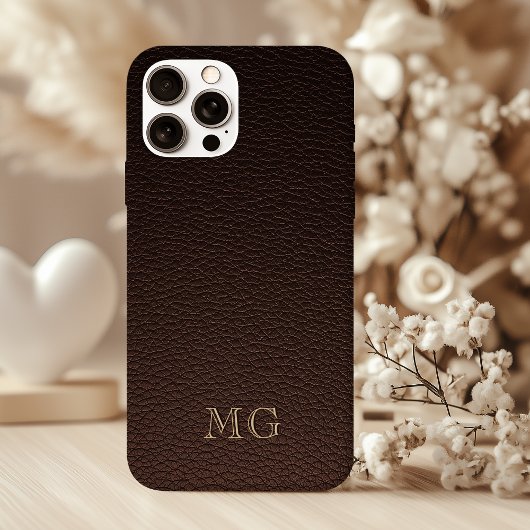 Dark Brown Faux Leather and Gold Monogram Initials Case-Mate iPhone Hülle