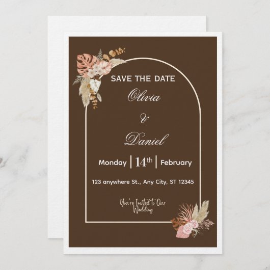 Dark Brown Minimalist Boho Wedding Invitation Einladung (Vorne/Hinten)