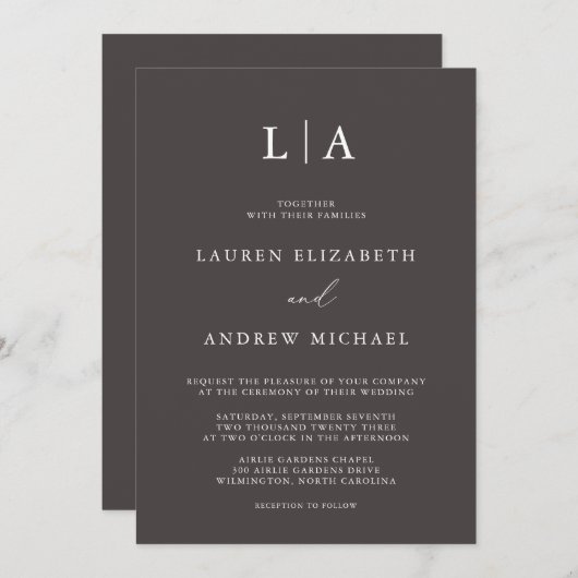 Dark Brown Monogram Simple Minimalistisch Wedding Einladung (Vorne/Hinten)