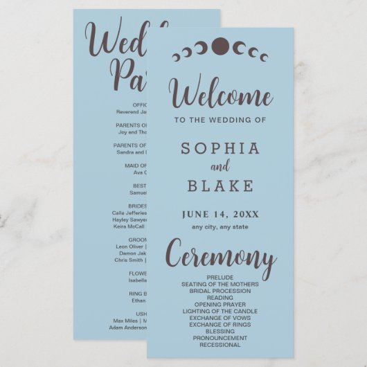 Dark Brown Moon Phases Blue Wedding Program (Vorne/Hinten)