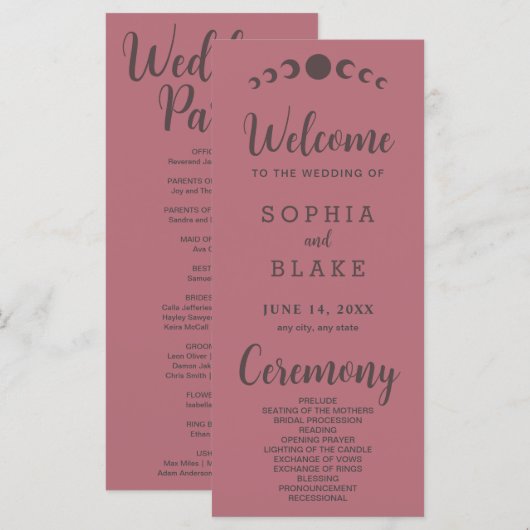 Dark Brown Moon Phases Rose Gold Wedding Program (Vorne/Hinten)