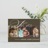Dark Brown Save the date card 3 photo a QR Code (Stehend Vorderseite)