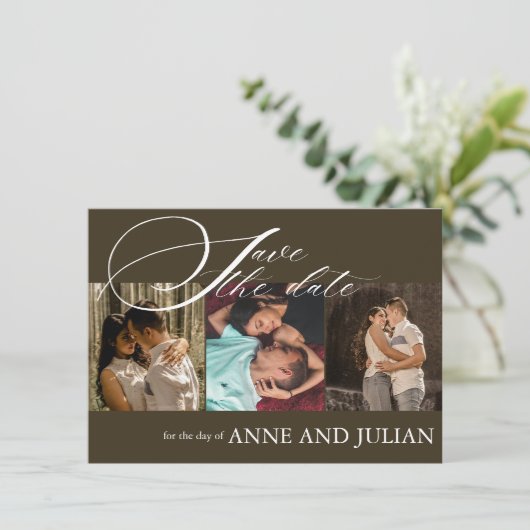 Dark Brown Save the date card 3 photo a QR Code (Stehend Vorderseite)