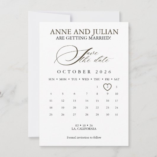 Dark Brown Save the date card calendar & photo (Vorderseite)