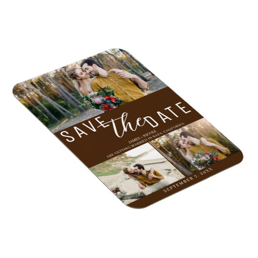 Dark Brown Save the Date Hochzeit 3 Fotos Magnet (Rechte Seite)