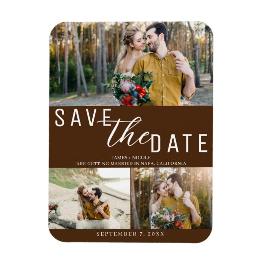 Dark Brown Save the Date Hochzeit 3 Fotos Magnet (Vertikal)