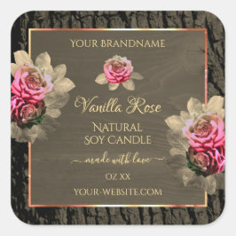 Dark Brown Wood Grain Pink Roses Produktkennzeichn Quadratischer Aufkleber