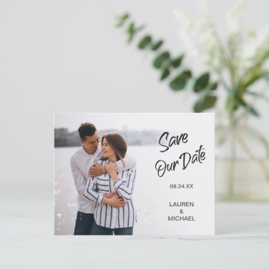Dark Brush Script Save the Date Hochzeitspostkarte Postkarte (Stehend Vorderseite)