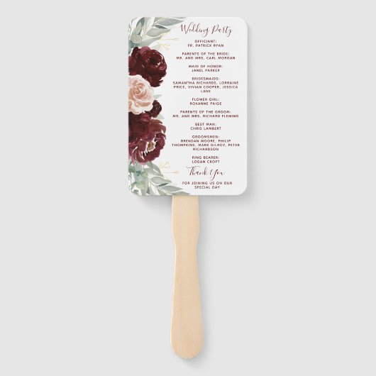 Dark Burgund Blumengrün Hochzeitsprogramm Fächer (Rückseite)