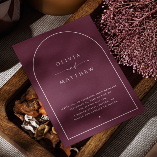 Dark Burgundy Arch Wedding | Elegantes Foto + QR Einladung