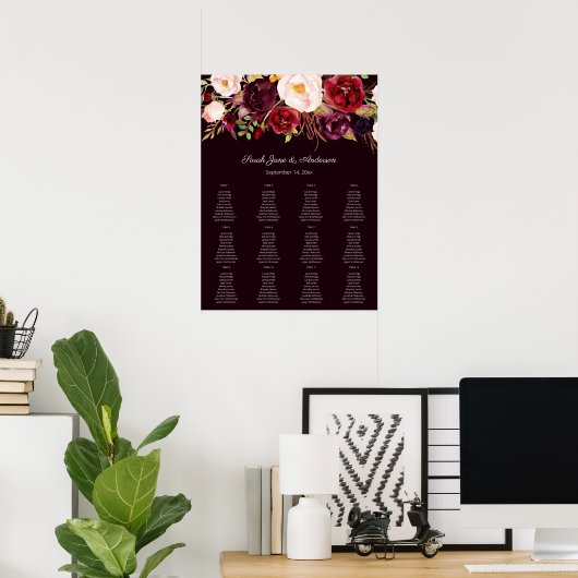 Dark Burgundy Blush Bloral Seating Chart 12 Poster (Heimbüro)