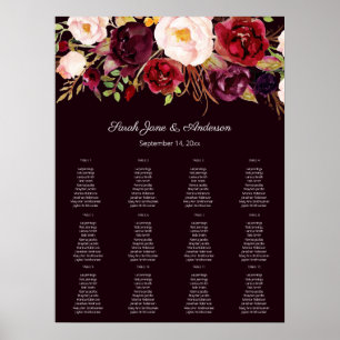 Dark Burgundy Blush Bloral Seating Chart 12 Poster