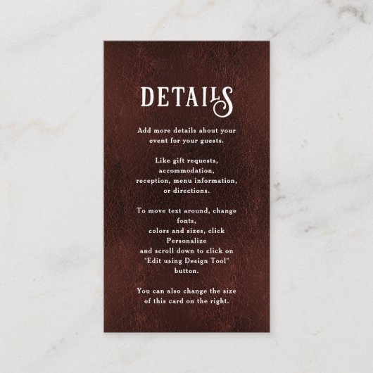 Dark Burgundy Brown Rustic Wedding Details Begleitkarte (Vorderseite)