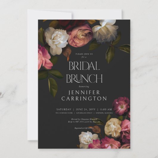 Dark Burgundy & Cream Peonies Black Bridal Brunch Einladung (Vorderseite)