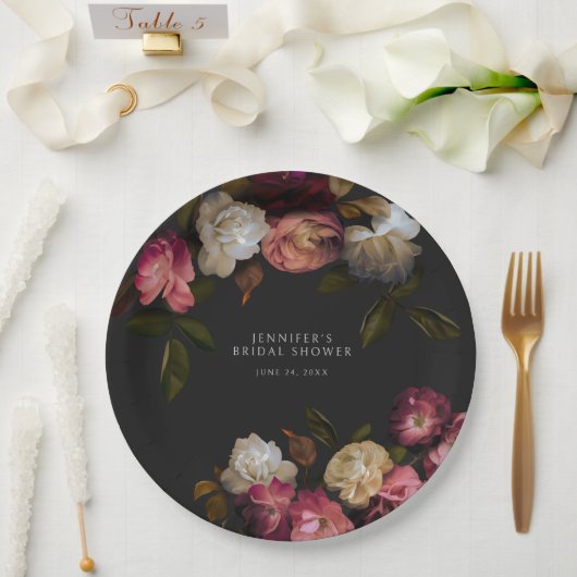 Dark Burgundy & Cream Peonies Black Dusche Pappteller (Hochzeit)