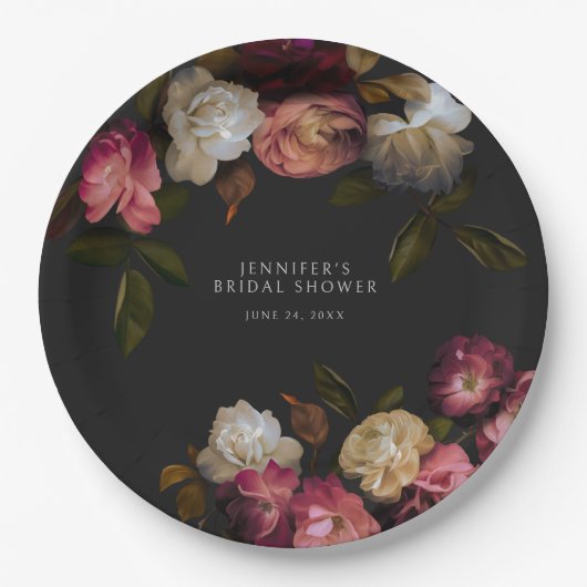 Dark Burgundy & Cream Peonies Black Dusche Pappteller (Vorderseite)