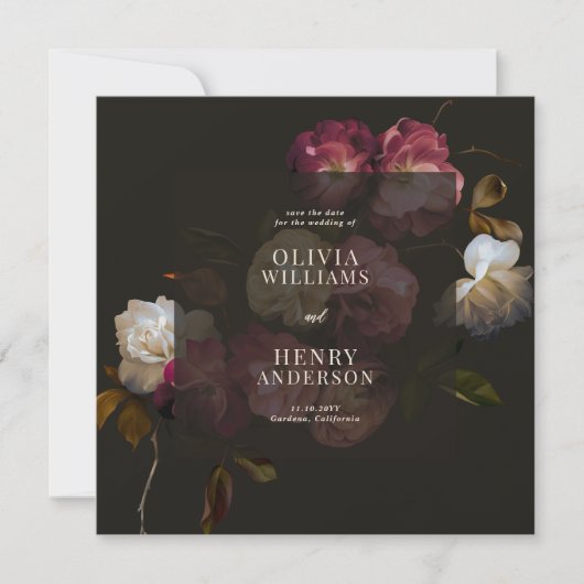 Dark Burgundy Floral Moody Black Elegant Romantic Save The Date (Vorderseite)