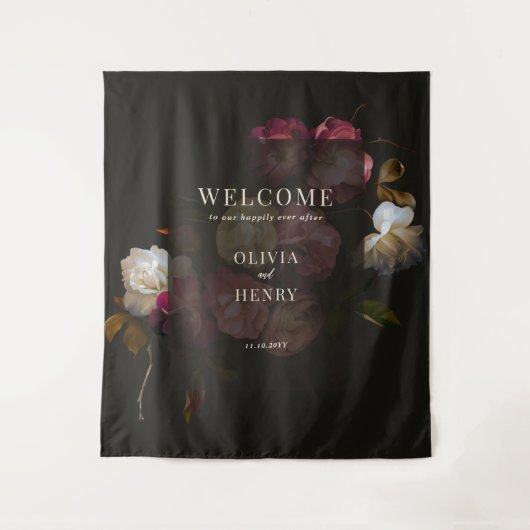Dark Burgundy Floral Moody Romantic Welcome Sign Wandteppich (Vorderseite)