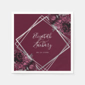 Dark Burgundy Floral Silver Geometric Wedding Serviette (Vorderseite)