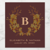Dark Burgundy Gold Floral Muster Monogram Initial Weinetikett (Einzelnes Label)