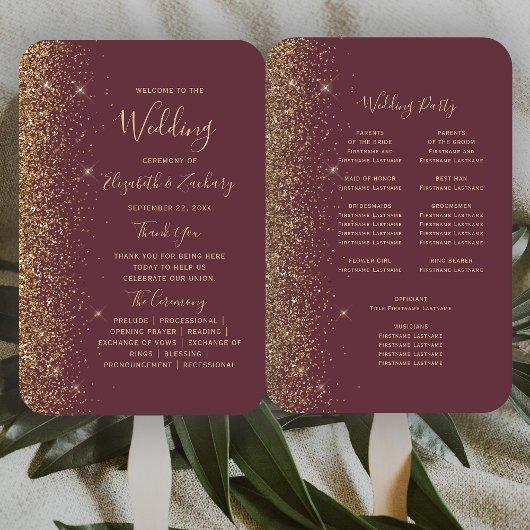 Dark Burgundy Gold Glitzer Edge Wedding Program Fächer