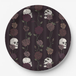 Dark Burgundy Gothic Skull & Rose Stripes Pappteller
