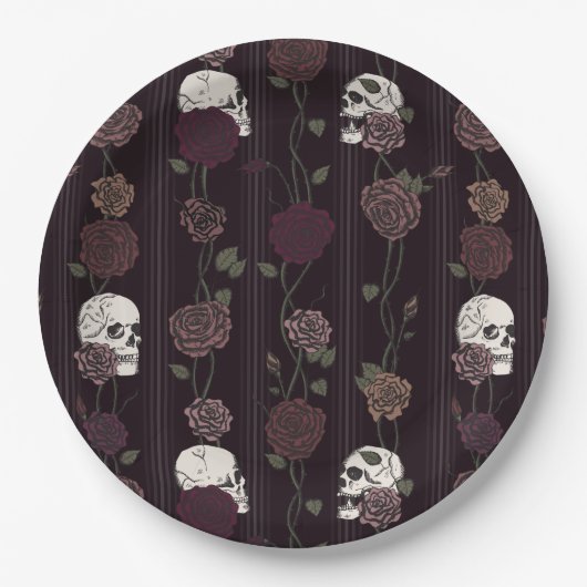 Dark Burgundy Gothic Skull & Rose Stripes Pappteller (Vorderseite)