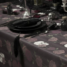 Dark Burgundy Gothic Skull & Rose Stripes Tischdecke