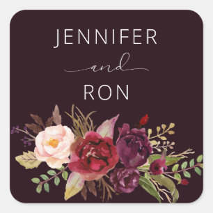 Dark Burgundy Marsala Floral Name Quadratischer Aufkleber