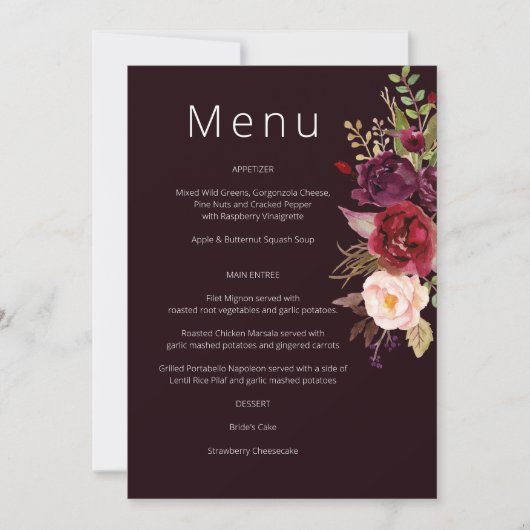 Dark Burgundy Marsala und Blush Floral Menu Einladung (Vorderseite)