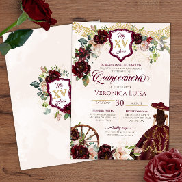 Dark Burgundy Rose Elegante Charro Quinceanera Einladung